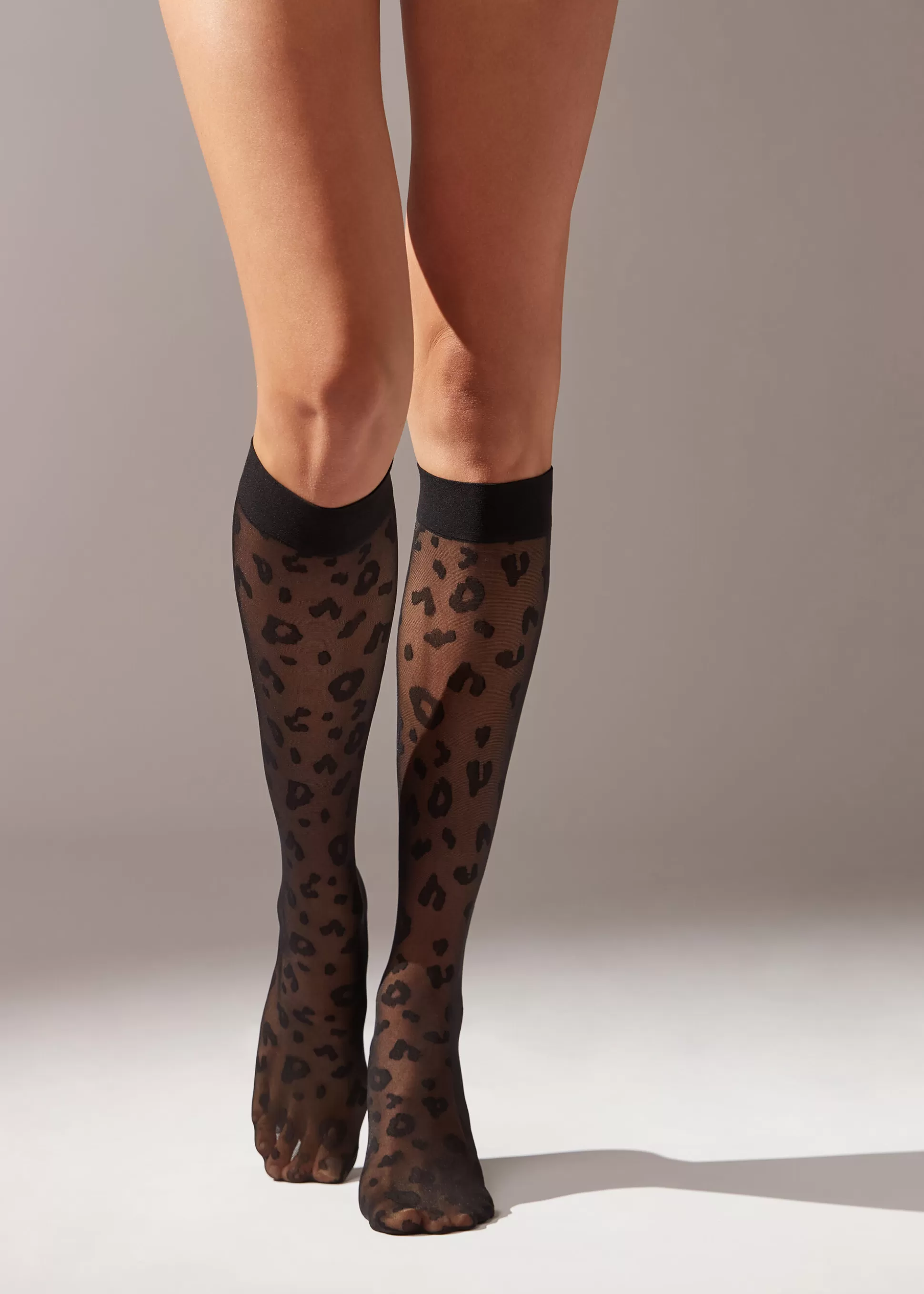 Calzedonia Meias Pelo Joelho Transparentes Com Padrão Animalier | Meias Transparentes Pelo Joelho | Meias Altas